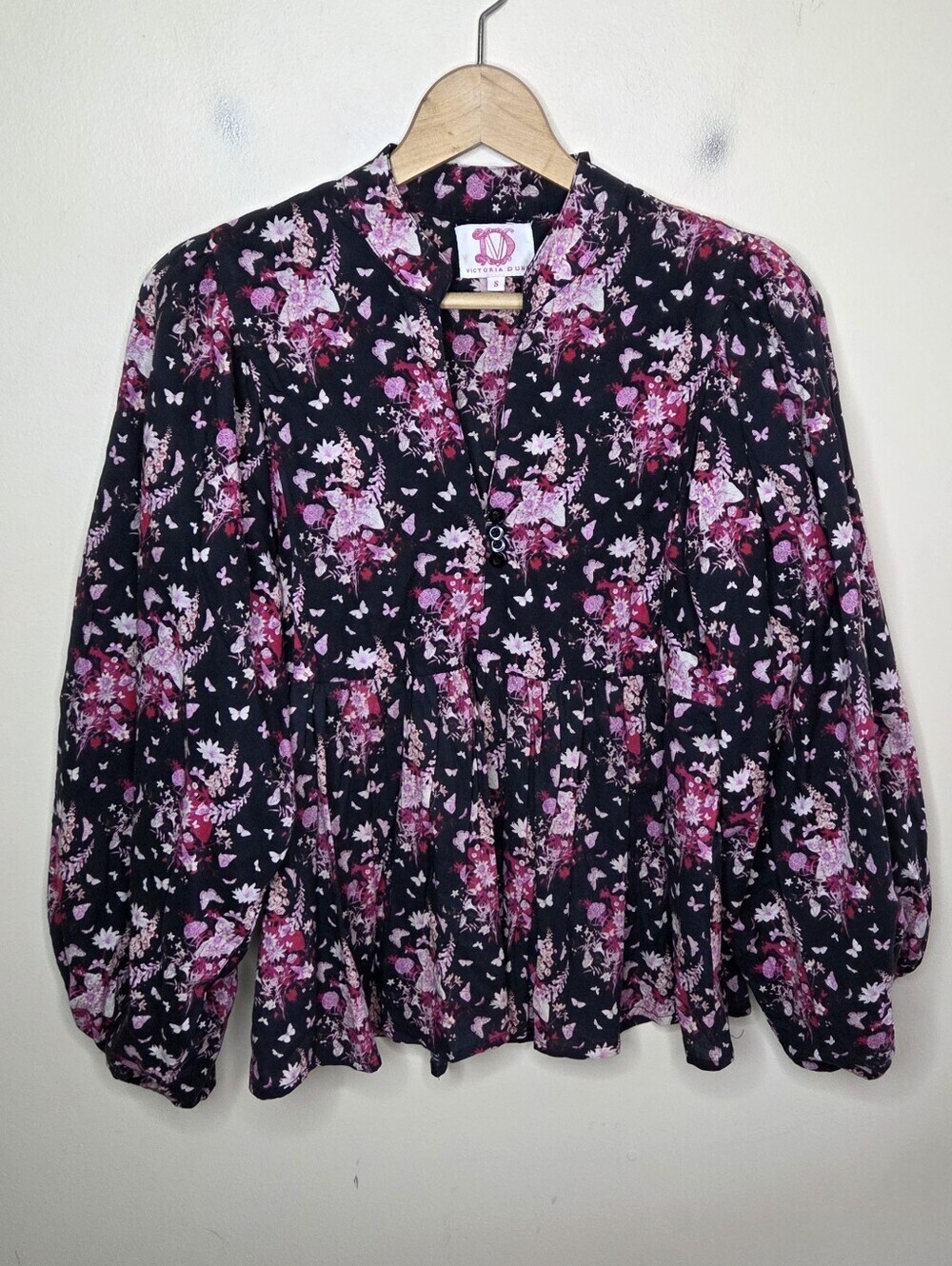 Victoria Dunn Black & Pink Floral Babydoll Long Sleeve Cotton Top Size Small